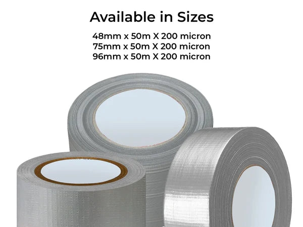 Silver Fabric Repair Cloth Duct Tape 50M X 200 Micron - 3 Sizes