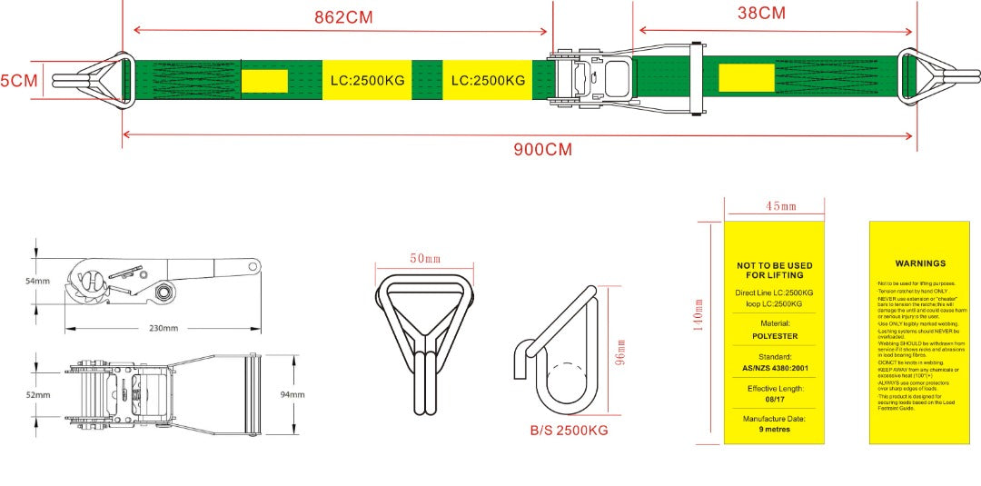 2500kg - Ratchet Tie Down Straps