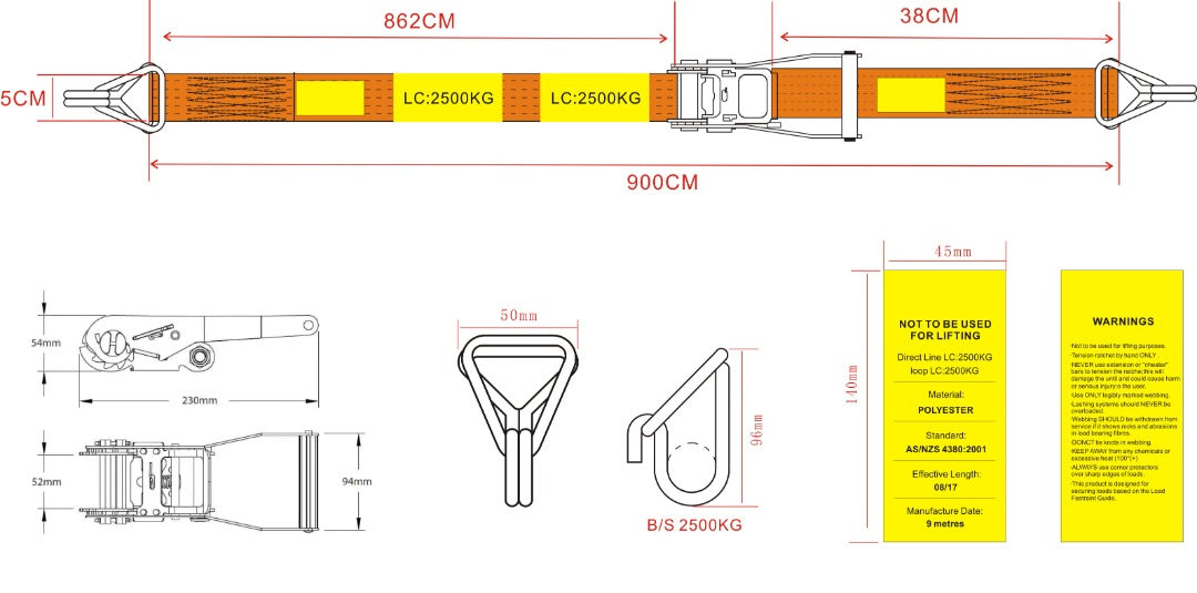 2500kg - Ratchet Tie Down Straps