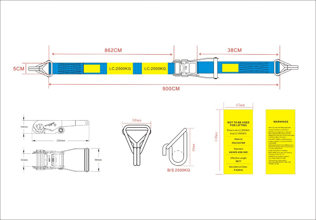 2500kg - Ratchet Tie Down Straps